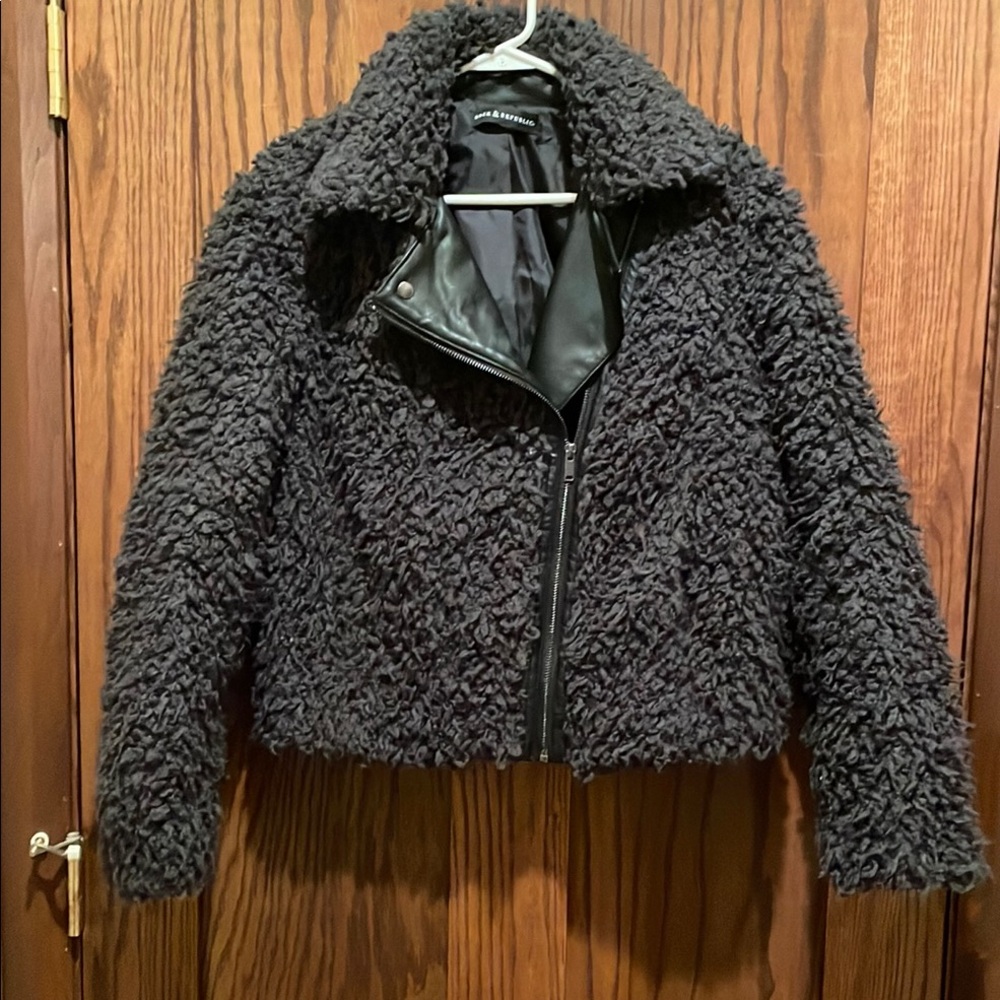 Rock and Republic Black Teddy Jacket with Fuzzy Texture and Cropped Design